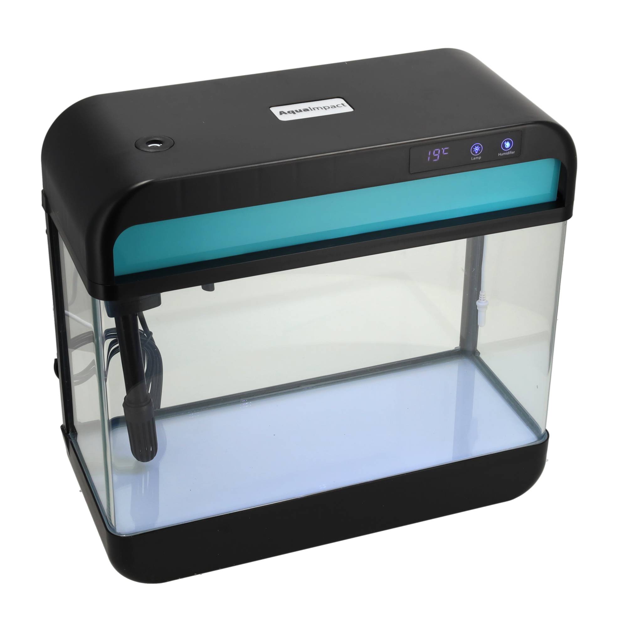 Strak achteraanzicht van de AquaImpact® 26L aquariumkap met subtiele ventilatie en aansluitingen