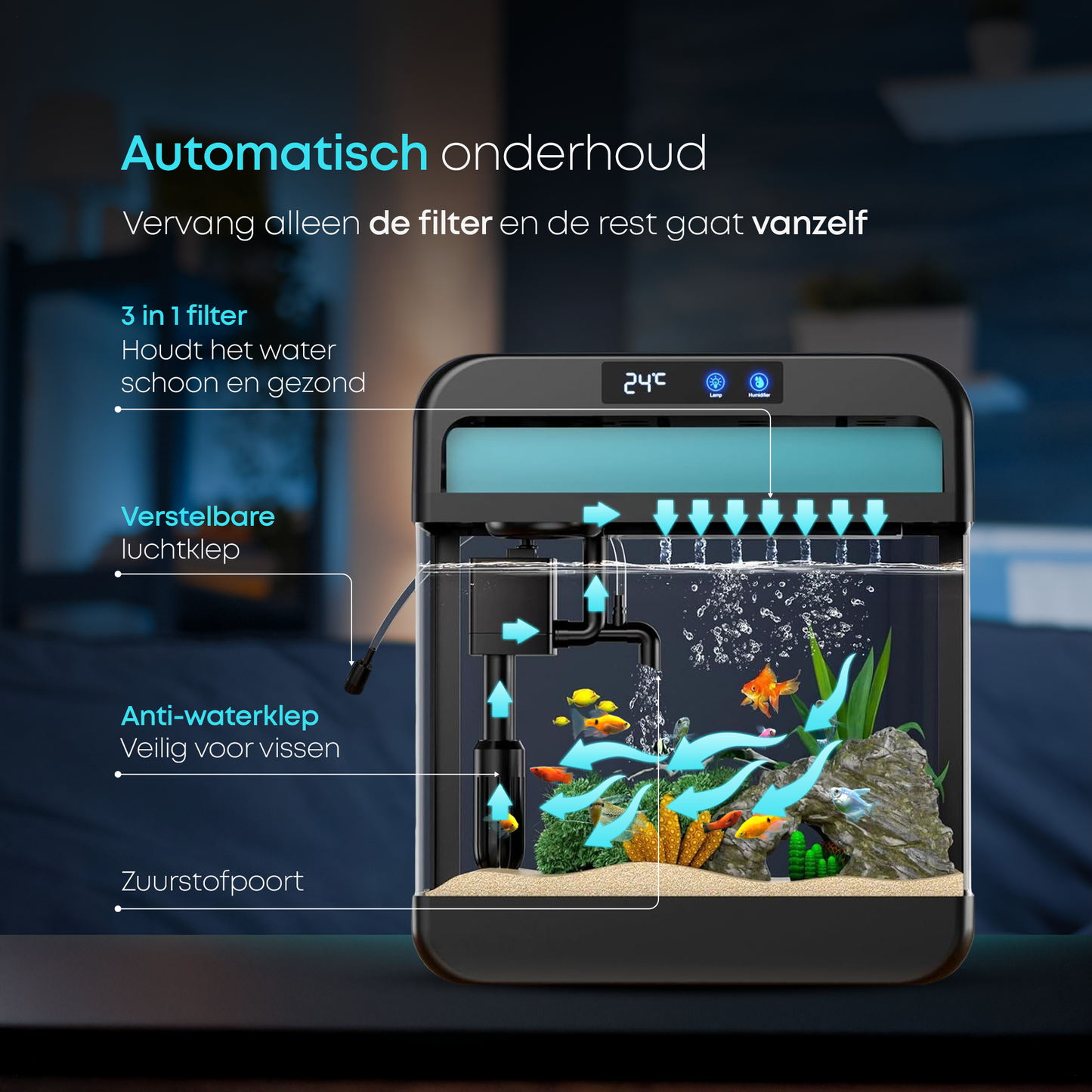 Compact aquarium met luchtbevochtiger en stille filterpomp