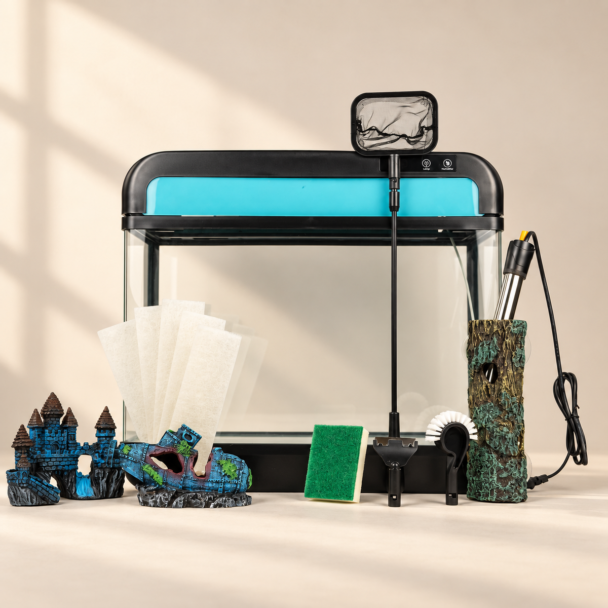 AquaImpact All-in Pakket 26L met twee decoraties, filters, schoonmaakset en verwarmingsset