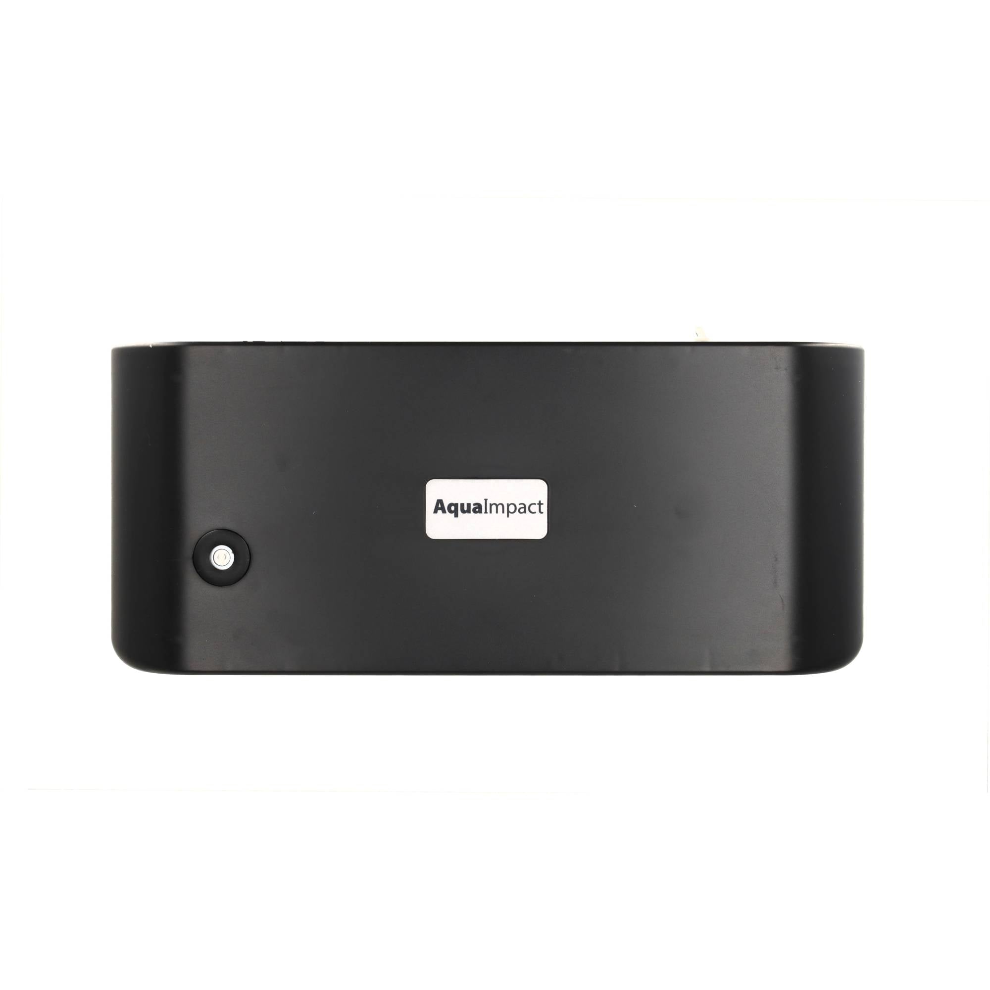 Strak bovenaanzicht van de AquaImpact® 26L aquariumkap met ventilatieroosters en logo