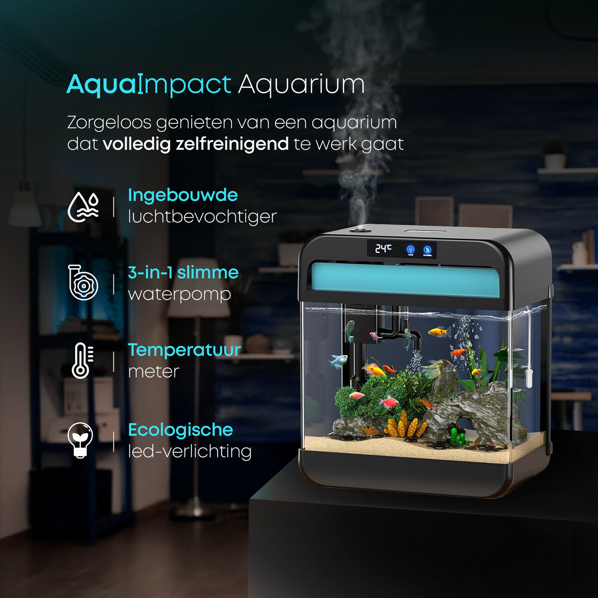 Stijlvol design aquarium met tropische vissen en helder water